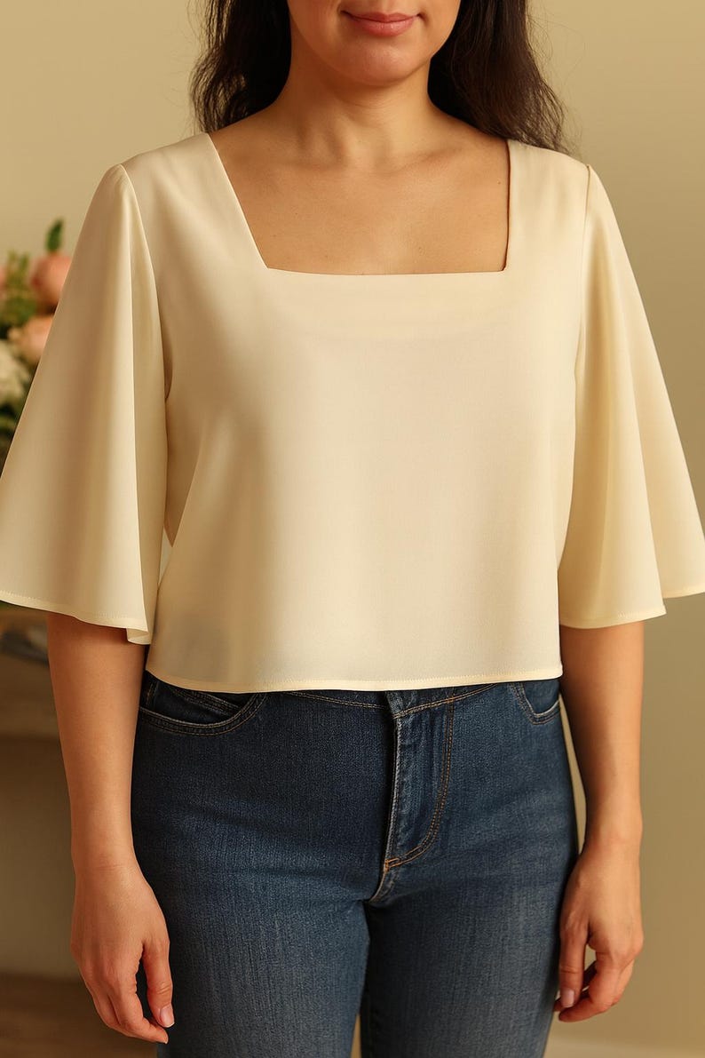 Structured Top Pattern PDF Square Neck Top Pattern, Cropped Top Sewing Pattern, Flared Sleeve ...