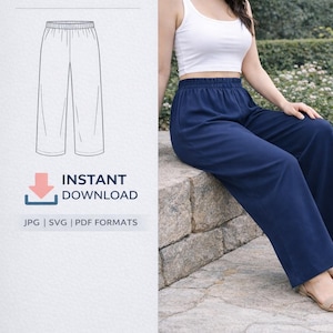 Straight Pants Patterne PDF Sewing Pattern Elastic Waist Pants, PDF Sewing Pattern Trousers PDF Sewing Patter n, Comfy Pants Patternered