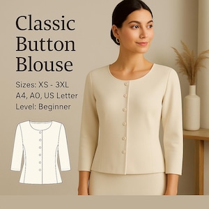 PDF Bluse Schnittmuster , Schnittmuster Top , Button Down Bluse Schnittmuster, Top Muster Frauen, Rundhals Top , Schnittmuster mit Video, T-Shirt