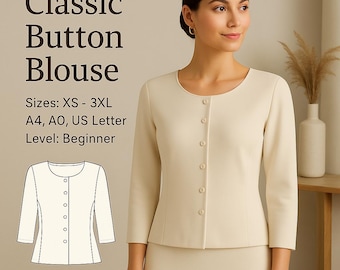 PDF Bluse Schnittmuster , Schnittmuster Top , Button Down Bluse Schnittmuster, Top Muster Frauen, Rundhals Top , Schnittmuster mit Video, T-Shirt