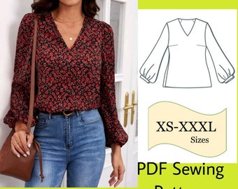 Long Sleeve PDF Sewing Pattern Top, Sewing Pattern Blouse, V Neck Top Sewing Pattern, Lantern Sleeve Blouse PDF Pattern, Shirt Pattern Women