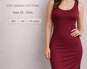 Modello PDF per abito aderente con spacchi laterali, modello digitale per abito in maglia senza maniche, modello PDF per abito in tessuto elasticizzato, abito in maglia dritta aderente