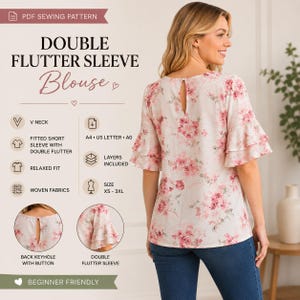 May include: A PDF sewing pattern for a double flutter sleeve blouse with a floral print. The blouse features a back keyhole with a button, double flutter sleeves, and a relaxed fit. The pattern includes sizes XS to 3XL and is for woven fabrics.