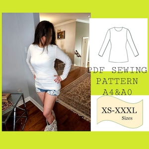 PDF Long Sleeve Tee/ Stretchy Fitted Tee Sewing Pattern/ PDF Sewing Pattern Women/ Digital Pattern, Long Sleeve Top, Fitted Top PDF Pattern