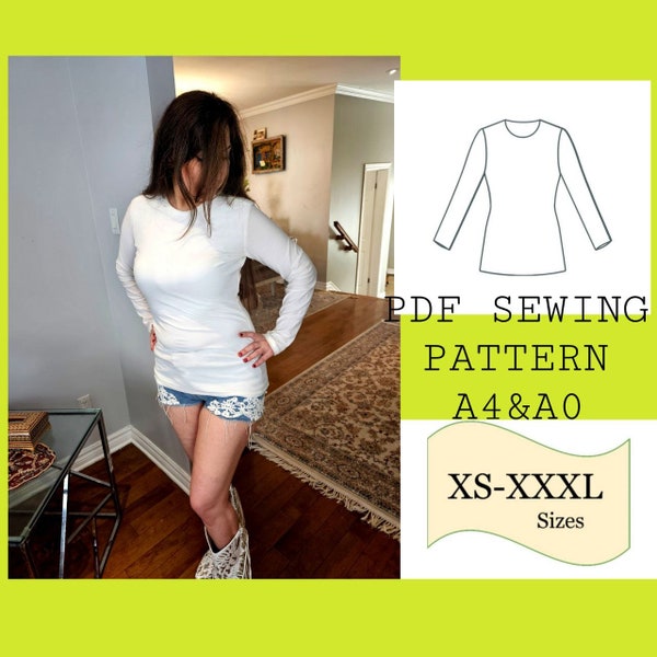 PDF Long Sleeve Tee/ Stretchy Fitted Tee Sewing Pattern/ PDF Sewing Pattern Women/ Digital Pattern, Long Sleeve Top, Fitted Top PDF Pattern