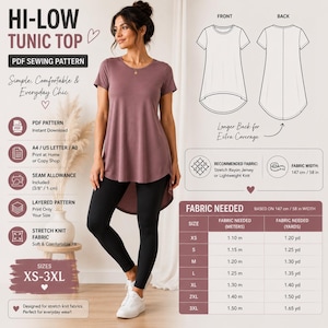 May include: A mauve short-sleeved hi-low tunic top with a round neckline and a longer back hem. The image includes a PDF sewing pattern guide with technical sketches, a fabric requirement table for sizes XS-3XL, and fabric width of 147 cm.