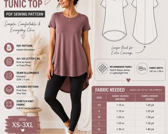 Hi-Low Tunic Top PDF Sewing Pattern | Women's Knit Tunic | Curved Hem | XS-3XL | A4, A0 & US Letter