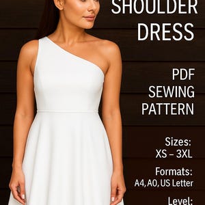 PDF One Shoulder Dress Sewing Pattern, A Line Woven Dress Digital Pattern, A4 & A0 Sewing Pattern, Asymmetric Sleeveless Dress Patternered