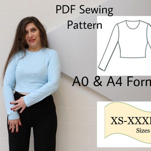 PDF Sewing Pattern Long Sleeve Cropped Top, Cropped Top Digital Sewing Pattern, Knit Fabric Top how to Sew, Sewing Pattern 4 Stretchy fabric