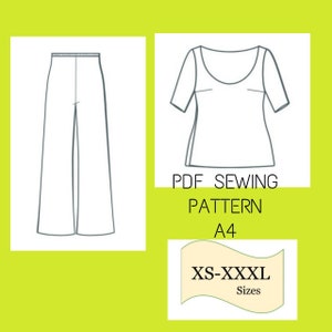 PDF Sewing Pattern Top & Pants, Top and Pants Sewing Pattern, Wide Leg Pants Pattern With Round Neck Top Pattern, 2 Pieces Set Pattern Women