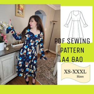 Long sleeve dress PDF sewing pattern, Dress Pattern PDF, Paneled Dress pattern, Sewing Pattern Dress, Ruffle Sleeve Dress Pattern