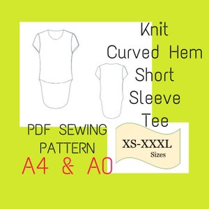 PDF Short Sleeve Top Pattern, Asymmetrical Top Digital Pattern, Low Hem Tee Pattern, Curved Hem Blouse Pattern, High Low Hem Tee PDF Pattern
