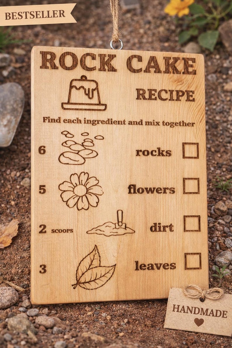 Pu&ograve; includere: Cartello in legno "Ricetta Torta di Roccia" con testo e illustrazioni incise. Include un elenco di ingredienti: rocce, fiori, terra e foglie. Presenta un'etichetta "Handmade" e uno striscione "Bestseller".