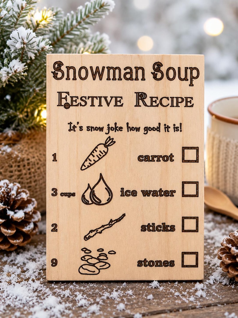 Pu&ograve; includere: Targa in legno con la scritta "Snowman Soup Festive Recipe". La ricetta include carote, acqua ghiacciata, bastoncini e pietre. La targa ha un design rustico inciso, perfetto per l'arredamento invernale o festivo.