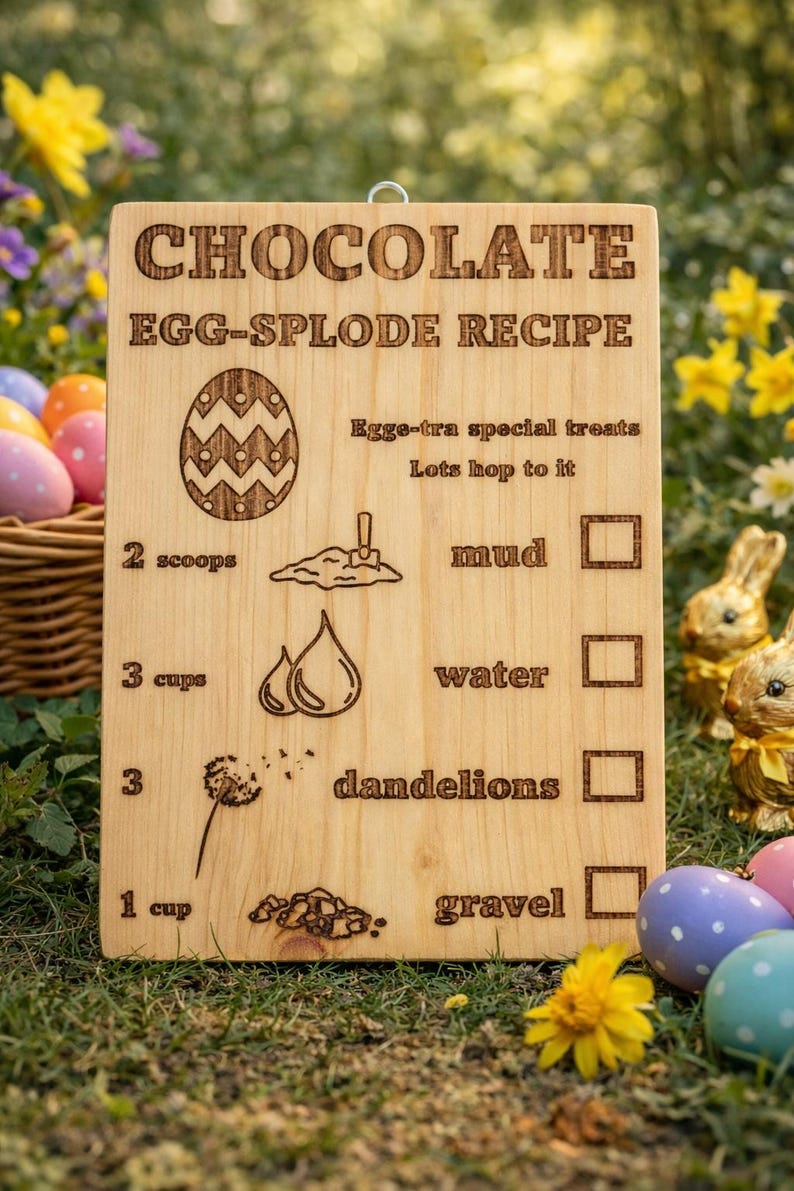 Pu&ograve; includere: Tavola di legno con incisa la scritta "CHOCOLATE EGG-SPLODE RECIPE". La ricetta include ingredienti come fango, acqua, denti di leone e ghiaia. Un oggetto decorativo a tema pasquale.