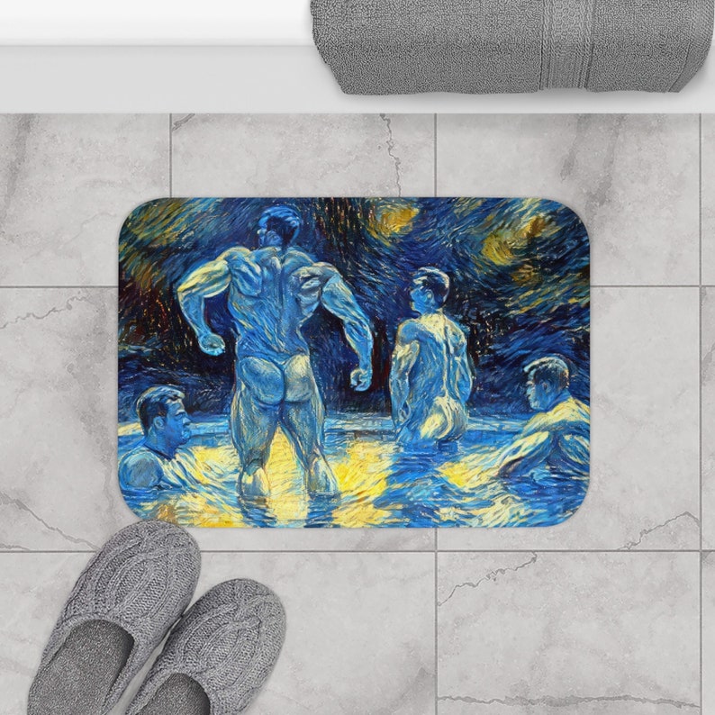 Starry Night Nude Men Bath Mat, Naked Men Skinny Dipping, Nude Male