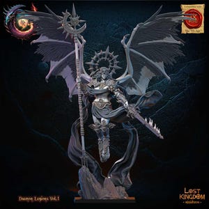 May include: A detailed, gray, plastic miniature of a winged angel figure with a staff and sword. The angel is wearing a flowing robe and armor. The miniature is set against a dark background. The text "Daemon Legions Vol. 1" is at the bottom of the image. The text "Lost Kingdom - miniatures -" is at the bottom right of the image. The text "Compatible with IX Age The 9th Age" is at the top right of the image.