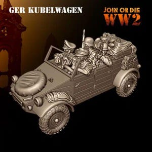 May include: A monochromatic miniature model of a German Kubelwagen vehicle featuring four soldiers in uniform, a spare tyre on the bonnet, and cargo in the back. The text GER KUBELWAGEN and JOIN OR DIE WW2 is visible at the top of the image.