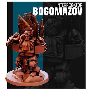 May include: A detailed miniature of a 'Bogomozov' Interrogator, a mechanised throne with a hooded figure seated on it. The throne is decorated with intricate details and a large sword. The miniature is painted in a brown and black colour scheme.
