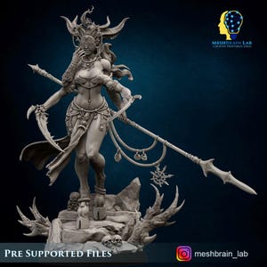 May include: A 3D-printed figurine of a female warrior with horns, holding a spear and two curved blades. The figure stands on a rocky base with skulls and decorative elements. The image includes the text "PRE SUPPORTED FILES".