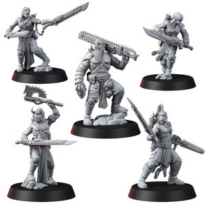 Peut inclure: Cinq figurines miniatures de guerriers, chacune avec une arme et une pose uniques. Les figurines sont en plastique gris et sont prêtes à être peintes.