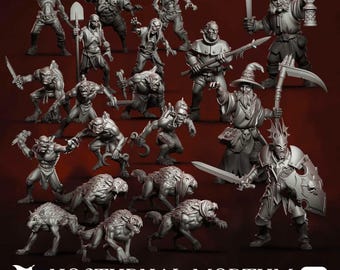 May include: A collection of gray miniature figures, including zombies, goblins, and werewolves, with various weapons and poses. The figures are from the "Nocturnal Mortum" collection, as indicated by the text at the bottom of the image.