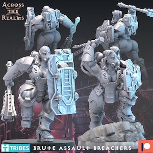 May include: Three gray, detailed, plastic miniature figures of female warriors wearing futuristic armor and helmets. Each figure is holding a weapon and a shield. The figures are posed in dynamic action stances. The text "BRUTE ASSAULT BREACHERS" is printed below the figures.