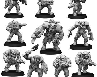 May include: A set of nine grey plastic miniature figures of orcs, each with different weapons and armour. The figures are posed in various action stances.