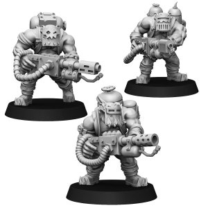 Könnte beinhalten: Drei graue Plastik-Miniaturfiguren von Orks, jede mit einer großen Waffe mit langem Lauf und einem angeschlossenen Schlauch. Die Orks tragen Rüstung und Helme. Die Figuren stehen auf schwarzen Sockeln.