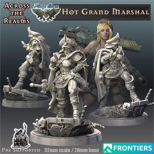 May include: Three gray plastic miniature figures of female soldiers wearing military uniforms and hats. The figures are standing on broken concrete bases. The text "Hot Grand Marshal" is visible at the top of the image.