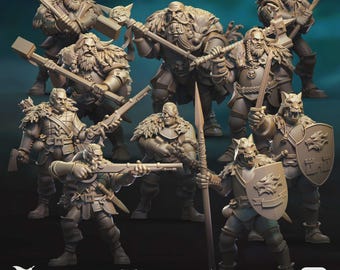 May include: A collection of miniature figures of warriors, each holding weapons such as axes, spears, and rifles. The figures are clad in armor and furs, with wolf-themed helmets and shields. The text "NORTH WOLVES" is displayed at the bottom.