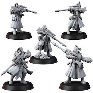 May include: Five gray plastic miniature figures of people wearing hooded cloaks and holding rifles. The figures are standing on black circular bases.