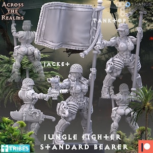 Puede incluir: Una figura miniatura de plástico gris de una soldado femenina sosteniendo una bandera con el texto "TANKTOP" en ella. La soldado lleva un casco, un chaleco y pantalones. La figura es parte de un conjunto de miniaturas para un juego de mesa.