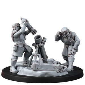 May include: Two figures in grey painted plastic, wearing gas masks and winter clothing, are loading a mortar. The mortar is on a base with a grey painted finish.