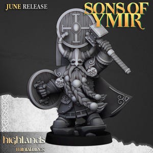 May include: A grey plastic miniature of a dwarf warrior holding a hammer and shield. The dwarf is wearing a horned helmet, a beard, and armor. The miniature is part of the Sons of Ymir line from Highlands Miniatures.
