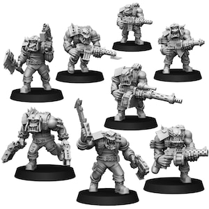 May include: A set of eight grey plastic miniature figures of orcs, each holding a weapon. The figures are posed in various action stances and are ready for battle.