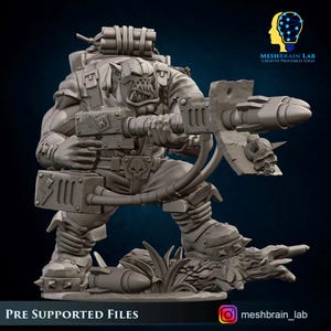 May include: A detailed 3D-printed figurine of an Orc warrior, armed with a large rocket launcher and a backpack of explosives. The figure is in a battle stance, with intricate armor and a menacing expression. The base includes some grass and a skull.