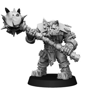 May include: A gray, detailed miniature figure of an Orc warrior, holding a spiked mace. The Orc is clad in armor with studded accents and a belt with pouches. The figure stands on a black base, showcasing a fantasy theme.