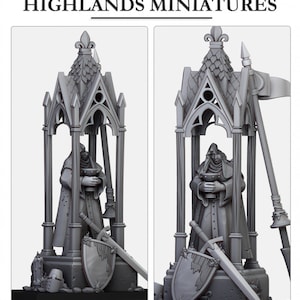 May include: A gray, detailed miniature of a hooded figure holding a chalice, standing in a gothic archway with a sword and shield at the base. The miniature is part of a set of fantasy figures.