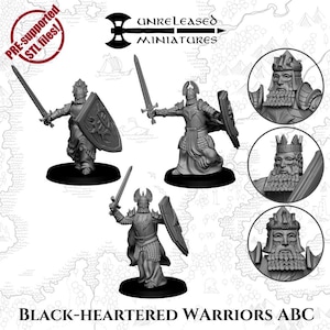 Puede incluir: Tres figuras en miniatura impresas en 3D de guerreros que llevan armadura y sostienen espadas y escudos. Las figuras están en posición de combate. Las miniaturas forman parte de un conjunto llamado "Black-Hearted Warriors ABC".