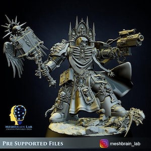 May include: A detailed grey figurine of a warrior in ornate armour, holding a large gun and a book with a skull on top. The figurine has a skeletal design and is standing on a rocky base. The text "PRE SUPPORTED FILES" is visible.