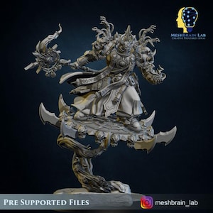 May include: A detailed 3D-printed figurine of a fantasy character, standing on a platform with a tree-like base. The character is adorned with armour, a headdress, and holds a staff. The figurine is in a neutral colour, with the text "PRE SUPPORTED FILES" at the bottom.