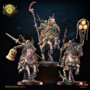 May include: Three miniature figures of armoured riders on pale horses, featuring weathered green armour, antlered helmets, and rusted weaponry including a scythe, a spear with a large bell, and a banner. Text reads Rotten Hosts vol 11 and Lost Kingdom.