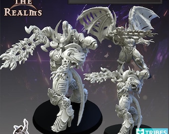 May include: Two detailed white resin figures of a Demon Princess, with large wings and intricate armor. The figures are on black bases, with the text "Demon Princess" and "Across the Realms" visible. The figures are 32mm scale.