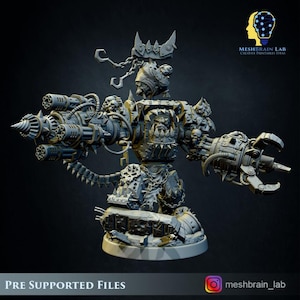 May include: A detailed, grey miniature war machine with a large gun and claw arm. The model features skulls, chains, and spikes, with the text "PRE SUPPORTED FILES" at the bottom. The Meshbrain Lab logo is in the upper right corner.