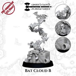 May include: A 3D printed miniature of a skeletal figure with a bat cloud, sitting on a stone base. The miniature is part of a set called "Bat Cloud B".