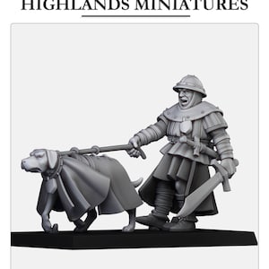 May include: A miniature figure of a man in medieval armor, holding a staff and leading a dog wearing a cloak. The figure is painted in a gray color scheme.