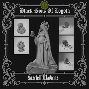 May include: A grayscale image with the text "Black Sons Of Loyola" and "Scarlett Madonna." The central focus is a statue of a pregnant woman in a long gown, holding a skull. There are also smaller images of sculptures and insect-like creatures.