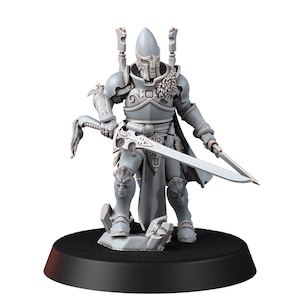 May include: A gray plastic miniature figure of a warrior wearing armor and holding a sword. The figure is standing on a gray plastic base.