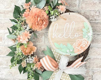 Peach Floral Hello Wreath, Spring Grapevine Wreath